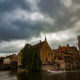 Rozendhoedkaai : iconic Bruges view with dramatic cloudy sky - static time lapse