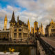 Skyline with towers of Gent seen from St Michael Bridge in the sunset light - static time lapse