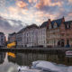 Boats standing at the pier : a romantic atmosphere of Gent canals in winter - static time lapse