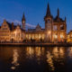 Gent wanderlust : historic centre at twilight in winter magical atmosphere - static time lapse