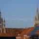 Ferris wheel and towers of Ypres seen from the ramparts walkway - static real time