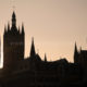 Evening light on Ypres iconic towers of the Grote Markt and the big wheel - static real time