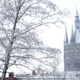 Beautiful Ypres in winter : the Cloth Hall belfry tower after snow fall - static real time