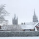 Skyline Ypres in the snow : Cloth Hall and Sint Martins cathedral towers - static real time