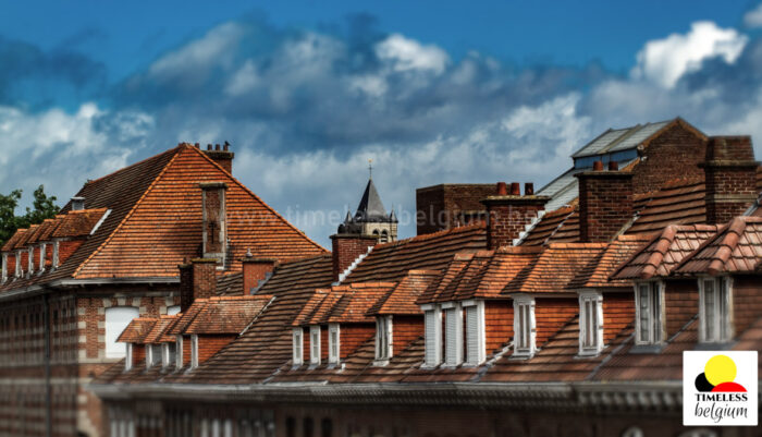 Skyline of Tournai along the Scheldt river