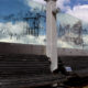 Nieuwpoort waterfront : views of old village above beach benches - pan/tilt shot real time