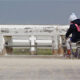 Sand blown by the wind : daughter and dad walking on the old pier - static real time