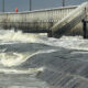 Beautiful seaside scenery : high tide, strong wind and wooden pier - static real time