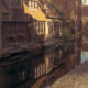 Bruges in autumn : romantic sunset light on Bonifacius Guesthouse - dolly shot real time