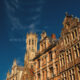 Outstanding buildings architecture in Bruges main shopping street - static time lapse